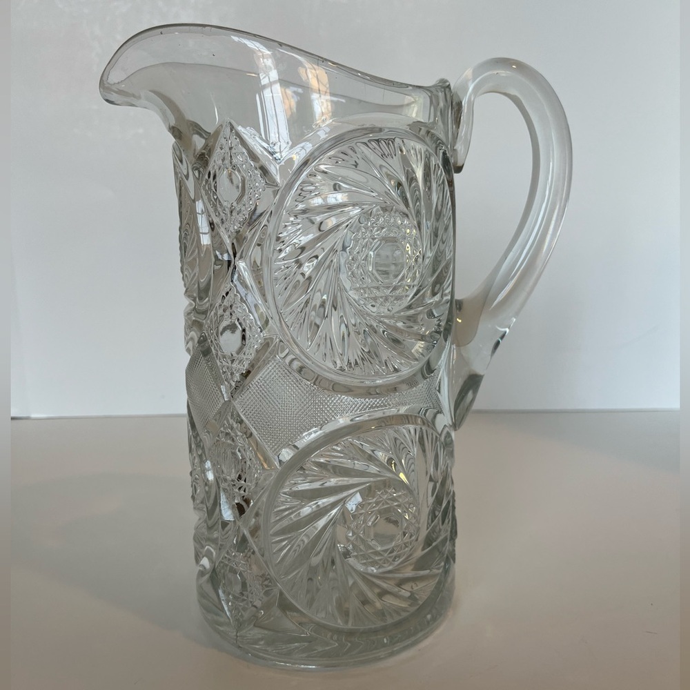 Vintage Depression Aztec Tec Pattern McKee Press Cut Glass Lemonade Pitcher